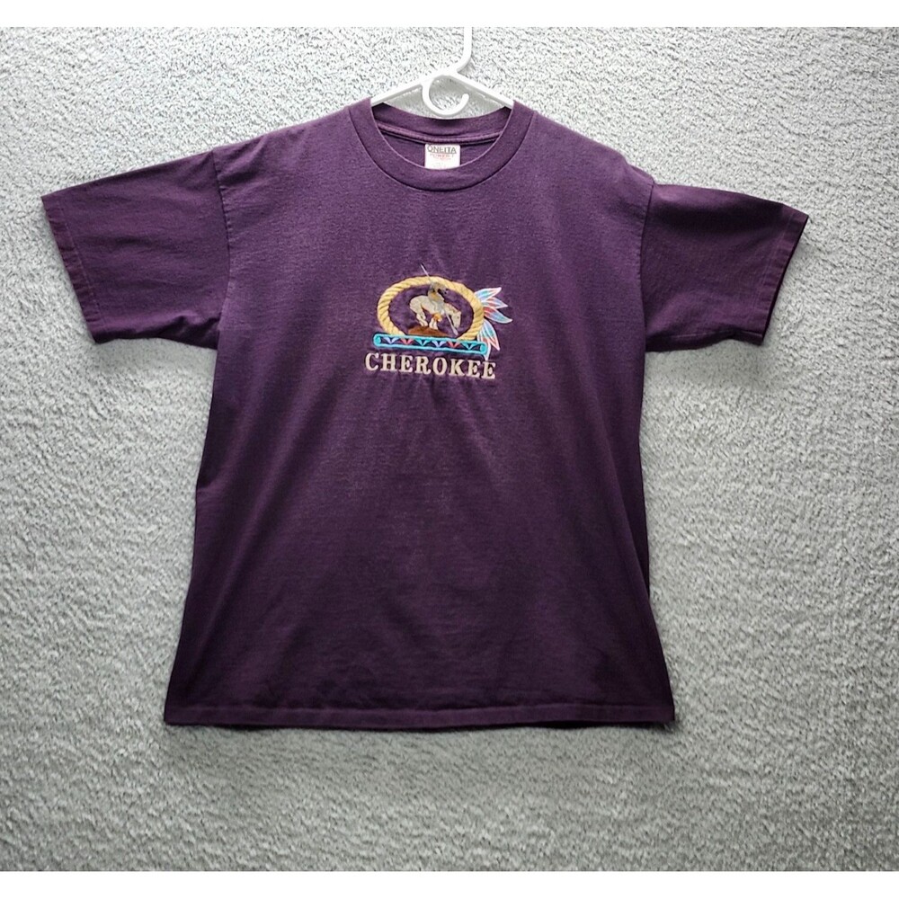 Vtg 90s Cherokee Embroidered T Shirt Oneita Power-T Large Purple Made in USA L